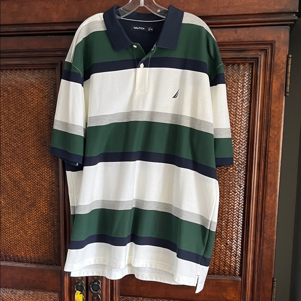 Nautica Green Navy White Striped Polo Shirt